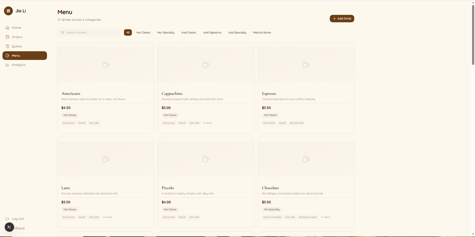KopiLens menu management — 27 drinks across 6 categories with real-time pricing